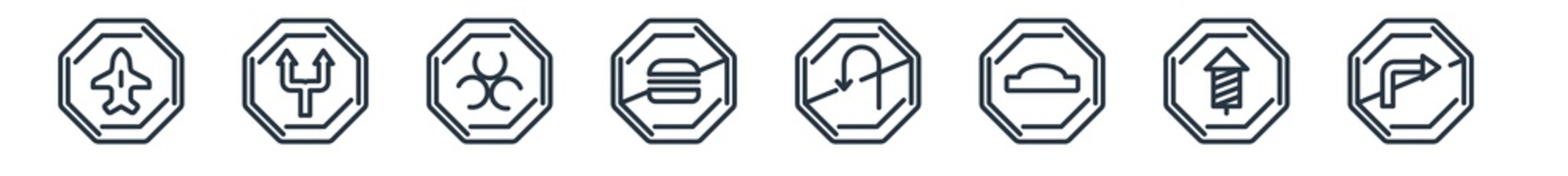 linear set of traffic signs outline icons. line vector icons such as airport, two ways, biological hazard, no fast food, no turn, no turn right vector illustration.