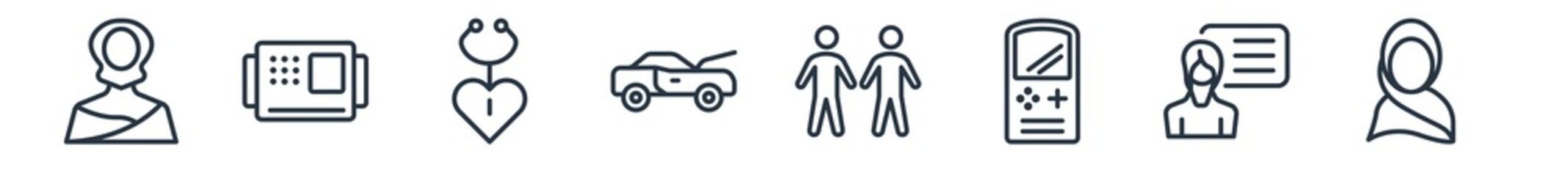 linear set of user outline icons. line vector icons such as malaysian, kasa, checkup, hood open, gay couple, muslim woman vector illustration.