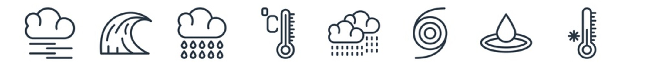 linear set of weather outline icons. line vector icons such as mist, tsunami, rainy day, degree, steady rain, cold vector illustration.