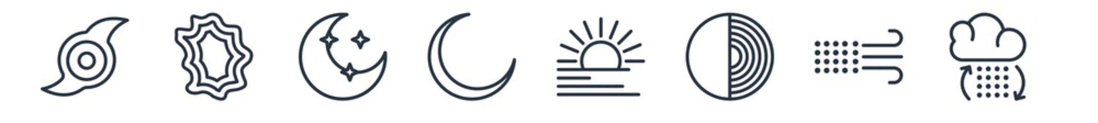 linear set of weather outline icons. line vector icons such as tropical storm, isobars, twilight, new moon, foggy day, convergence vector illustration.