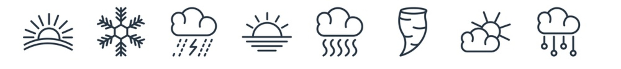 linear set of weather outline icons. line vector icons such as dawn, freezing, rainfall, aurora, smog, hail vector illustration.