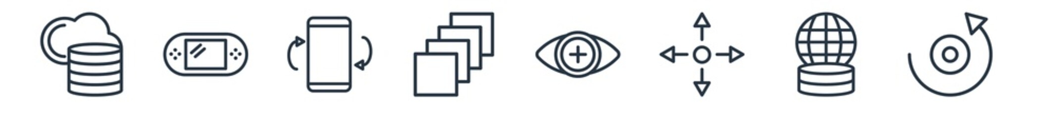 linear set of augmented reality outline icons. line vector icons such as big data, video console, tilt, depth perception, bionic, rotation vector illustration.