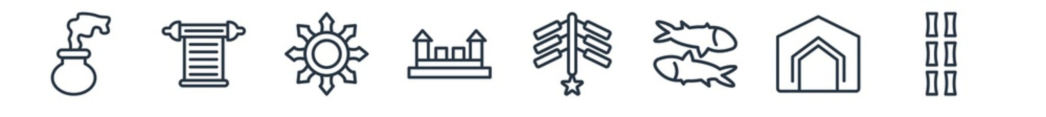 linear set of asian outline icons. line vector icons such as smoke bomb, scrolls, shuriken, great wall of china, firecrackers, bamboo vector illustration.