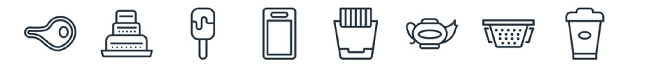 linear set of bistro and restaurant outline icons. line vector icons such as beef chop, three levels cake, ice pop, cutting board with knife, french fries box, cardboard cup vector illustration.
