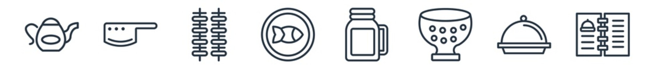 linear set of bistro and restaurant outline icons. line vector icons such as pouring coffe, big knife, two brochettes, kitchen fish, drink jar, open menu vector illustration.