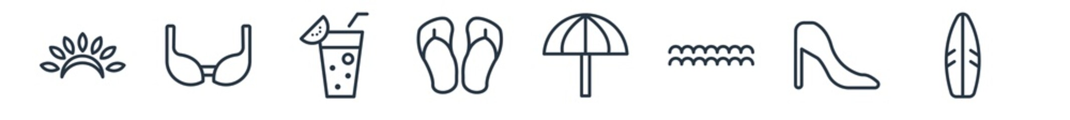 linear set of brazilia outline icons. line vector icons such as headdress, bra, cocktail, flip flops, sun umbrella, surf vector illustration.