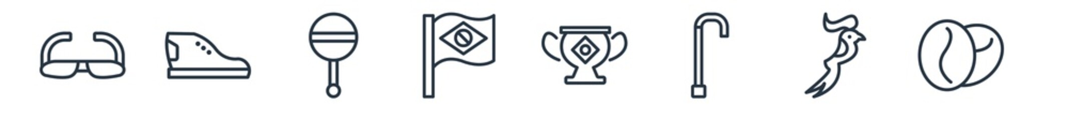 linear set of brazilia outline icons. line vector icons such as sun glasses, shoes, rattle, flags, trophy, coffee beans vector illustration.