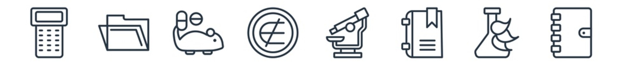 linear set of education outline icons. line vector icons such as school calculator, open file, experimentation, is not an element of, biology microscope, notebook with bookmark vector illustration.