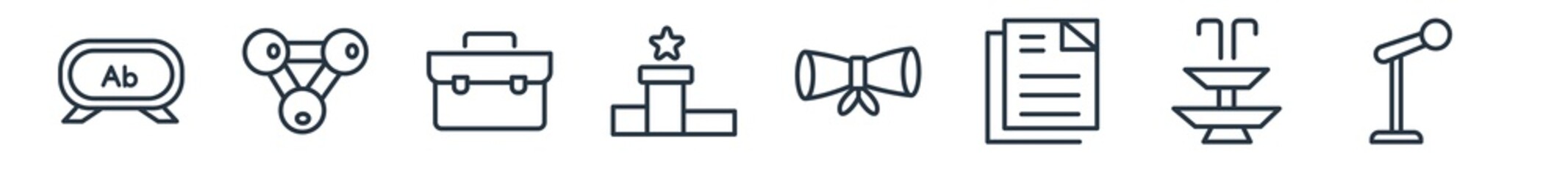 linear set of education outline icons. line vector icons such as uppercase and lowercase letter, chemical diagram, lunchbox, top, diploma roll, microphone with stand vector illustration.
