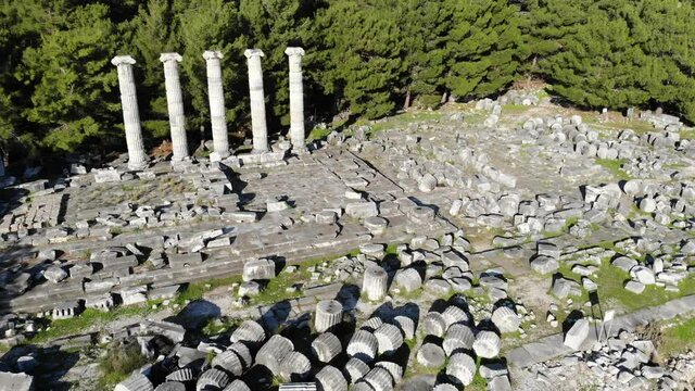 Temple of Athena Polias in the ancient Priene. View from above. Turkey 