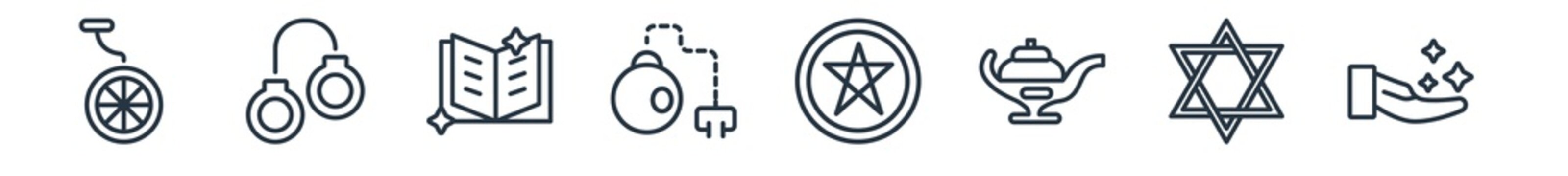 linear set of magic outline icons. line vector icons such as unicycle, handcuffs, magic book, fetters, ritual, spell vector illustration.