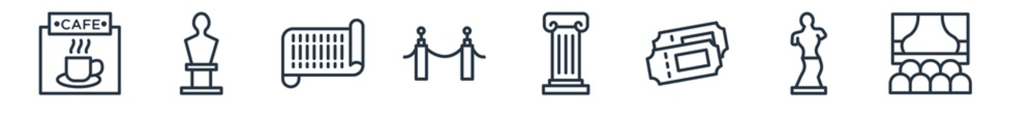 linear set of museum outline icons. line vector icons such as cafe, bust, paper scroll, museum fencing, antique column, cinema vector illustration.