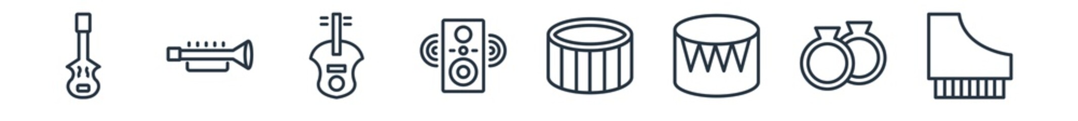 linear set of music outline icons. line vector icons such as double bass, cornet, viola, sound system, snare drum, harpsichord vector illustration.