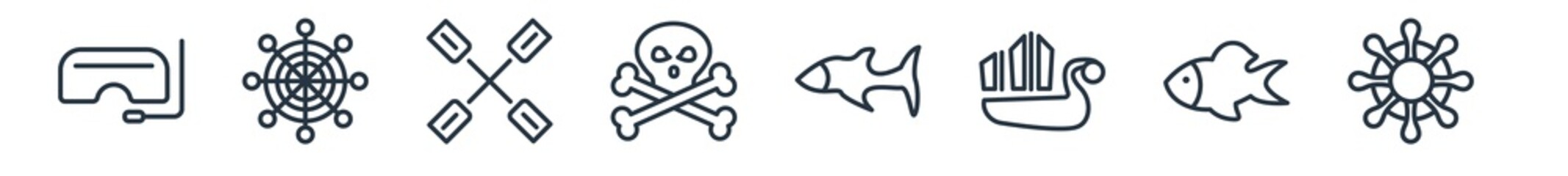linear set of nautical outline icons. line vector icons such as snorkel, helm, double paddle, skull and bones, shark, boat steering wheel vector illustration.