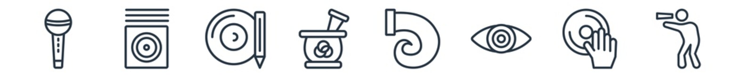 linear set of music outline icons. line vector icons such as microphone for singers, song note, cd writer, tibetan, nautilus, pied piper of hamelin vector illustration.