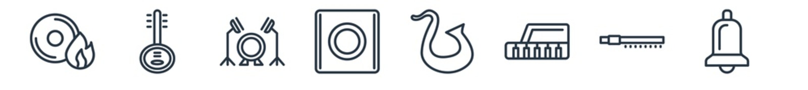 linear set of music outline icons. line vector icons such as cd burn, yueqin, harmony, stop square button, musical sixteenth note, bell vector illustration.