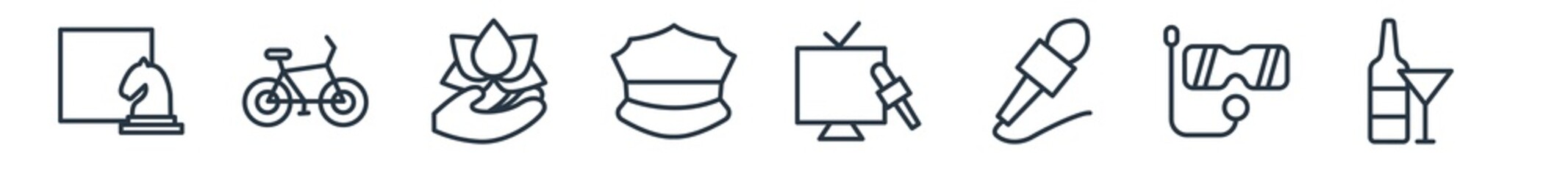 linear set of people skills outline icons. line vector icons such as chessplayer, cyclist, wellness, navy hat, tv correspondent, bartender vector illustration.