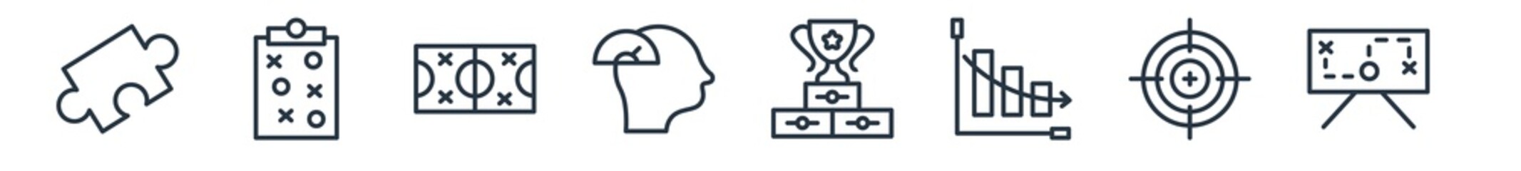 linear set of productivity outline icons. line vector icons such as puzzle piece, task page with marks, soccer tactics diagram, mind tachometer, competition, tactics vector illustration.