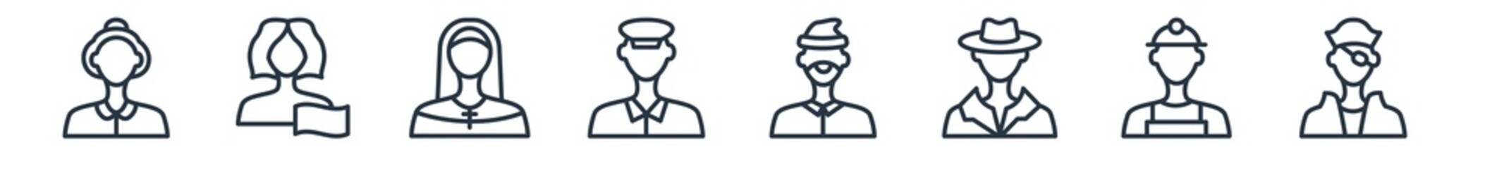 linear set of professions & jobs outline icons. line vector icons such as librarian, financial manager, nun, taxi driver, lumberjack, pirate vector illustration.