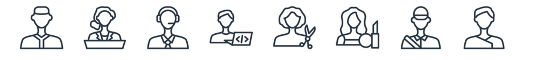 linear set of professions outline icons. line vector icons such as bishop, politician, callcenter, software developer, hairdresser, orthodontist vector illustration.