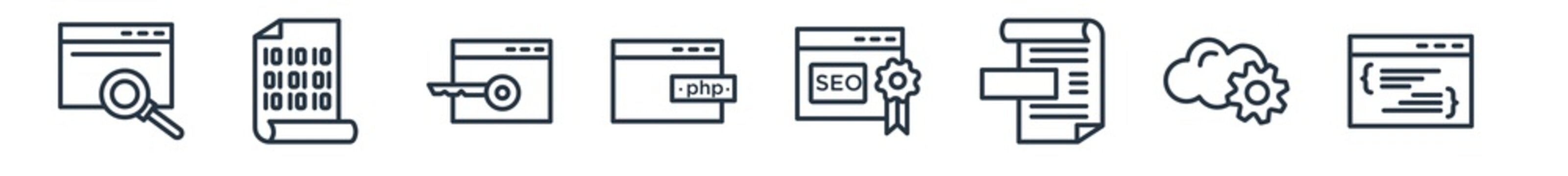 linear set of programming outline icons. line vector icons such as code review, binary file, encripted file, php, seo reputation, code listing vector illustration.