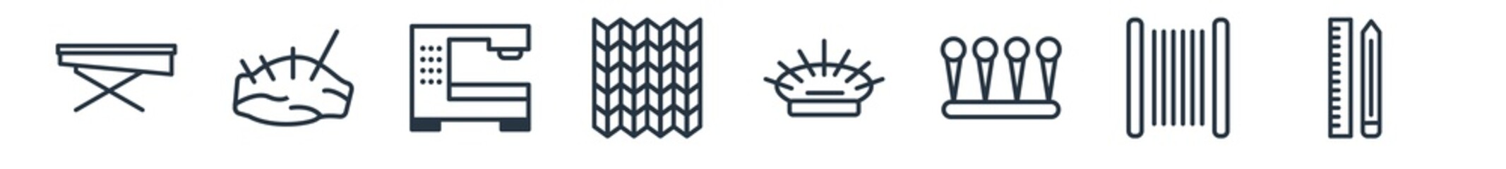 linear set of sew outline icons. line vector icons such as ironing board, pincushion, sewing machine, knit, pin holder, measuring vector illustration.