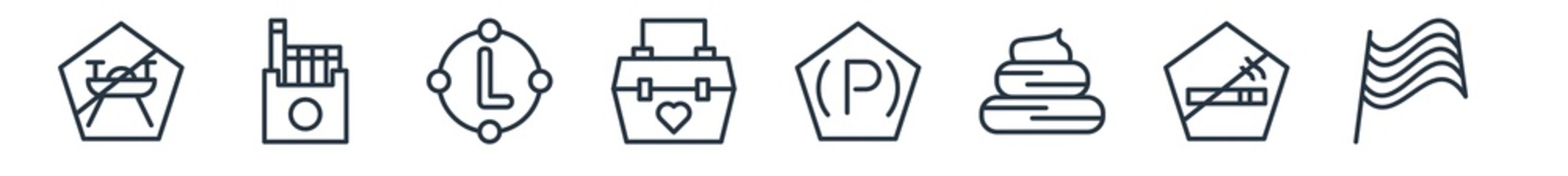 linear set of signaling outline icons. line vector icons such as no drone zone, cigarettes, letter b, organ container, parking brake, pit stop vector illustration.