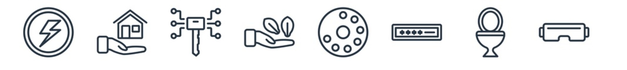 linear set of smart home outline icons. line vector icons such as power, household, smart key, eco friendly, dial, vr technology vector illustration.