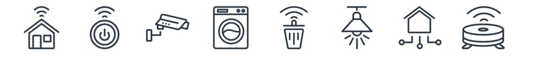 linear set of smart home outline icons. line vector icons such as alarm system, smart switch, surveillance, washer machine, smart trash, robot vacuum cleaner vector illustration.