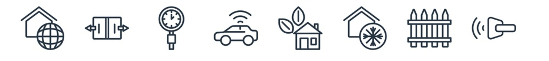 linear set of smart house outline icons. line vector icons such as access, automated door, meter, autonomous car, eco home, virtual reality vector illustration.
