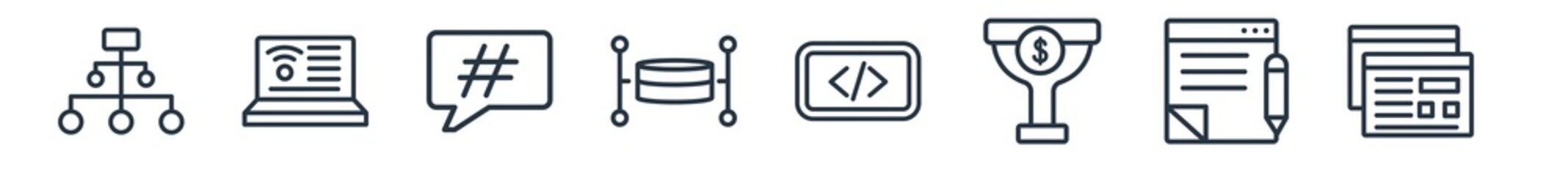linear set of technology outline icons. line vector icons such as selector, internet value, microblogging, relational database management system, embedding, virtual machine vector illustration.