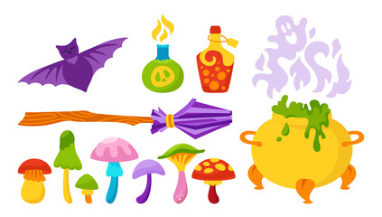 Magic set Halloween flat cartoon, witch elements. Hag cauldron, bat, toxic mushroom, wizard broom, potion poison bottle. Party comic horror witchcraft esoteric alchemy elements. Vector illustration