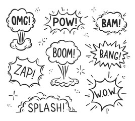 Hand drawn explosion speech bubble, splash smoke element. Comic doodle sketch. Explode speech bubble with pow, boom, omg text. Vector illustration. - Powered by Adobe