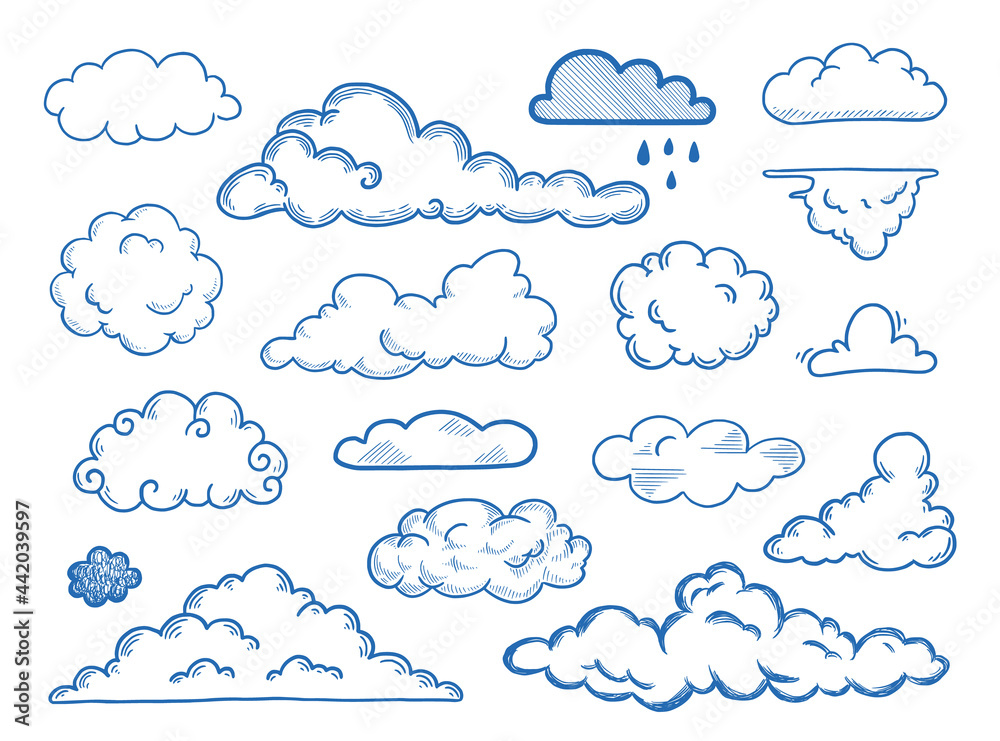 Poster Hand drawn cloud set. Doodle sketch style cloud. Simple outline scribble draw. Vector illustration.