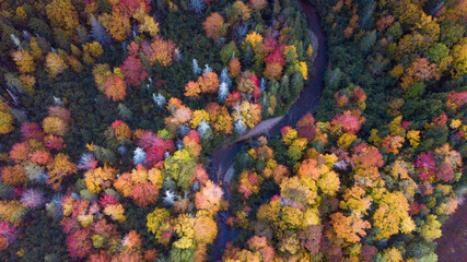 Beautiful aerial views of autumn fall foliage landscape in Wentworth valley,  Nova Scotia. Autumn colors of  Nova Scotia, Canada