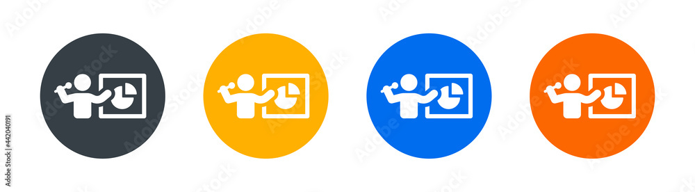Aufkleber speaker explaining data board with microphone icon. symbol of analyst, presenter and speaker. busine
