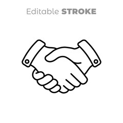 Vector handshake line art icon, sign. Business contract, agreement symbol. Editable line drawing, black and white illustration.