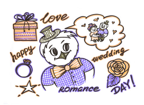 Multicolor felt pen cartoon Owls in line art style on white background. Yellow and violet the groom dreams of a joyful meeting with the bride Owl doodle. Gift, wedding ring, star, rose, heart of a