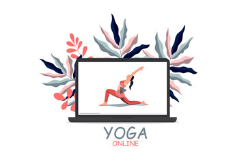 Online training. Stay at home. Lockdown. Covid-2019 quarantine. Woman practicing yoga exercise on laptop screen