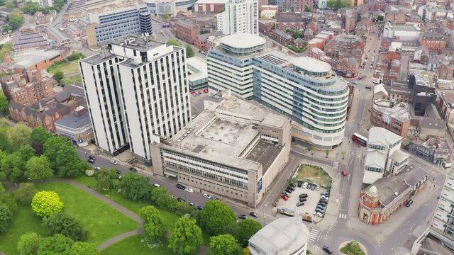 Beautiful aerial shot flying over Nottingham city and buildings in England