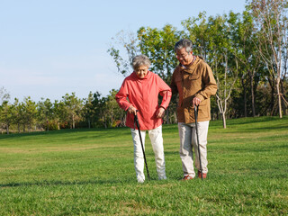 Obraz premium Happy old couple walking in the park