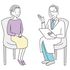 手書き線画カラーイラスト　患者と医師　シニアの女性