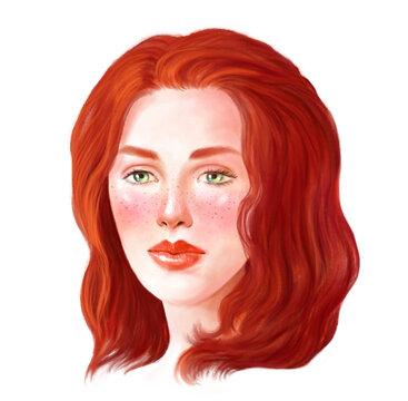 portrait of a red-haired beautiful cute girl or woman on a white background
