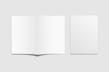 Realistic blank bifold brochure for mockup. Catalog illustration. 3D Render.