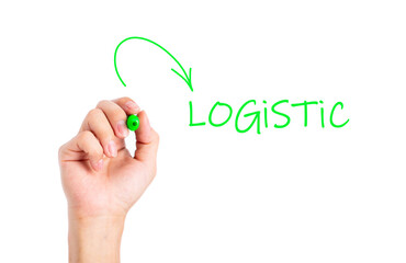Hand writing LOGISTIC word on a transparent wipe board.