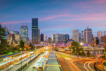 Downtown Brisbane city skyline at sunset