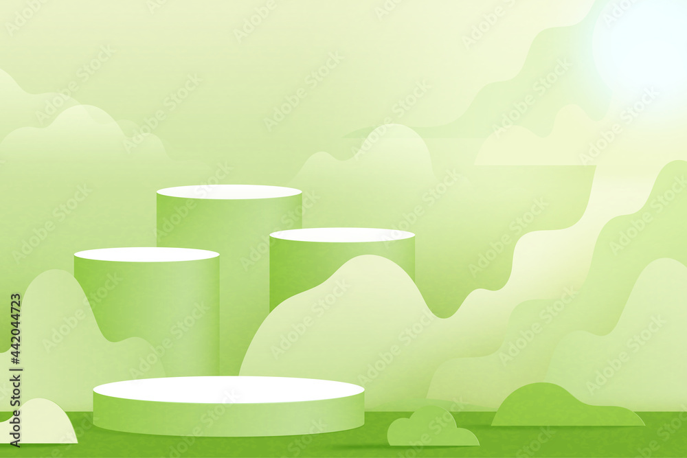 Poster 3d paper cut abstract minimal geometric shape template background.white cylinder podium on green nat