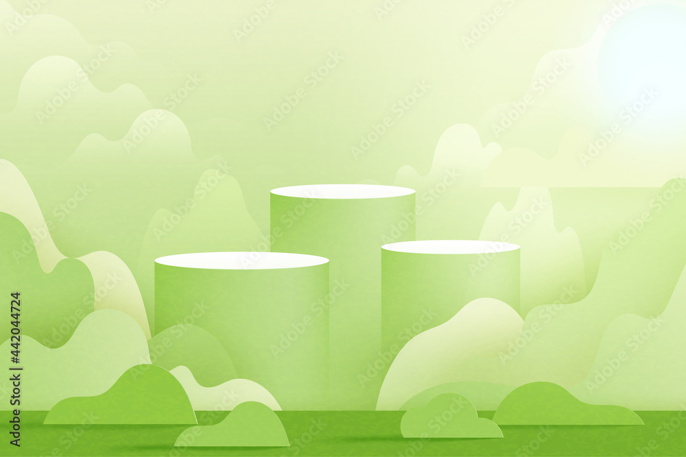 Poster 3d paper cut abstract minimal geometric shape template background.green cylinder podium on green nat