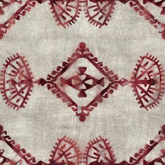 Seamless grungy tribal ethnic rug motif pattern. High quality illustration. Distressed old looking native style design in faded sun burnt red and cream colors. Old artisan textile seamless pattern.