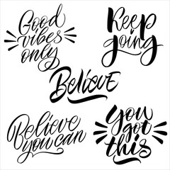 Good Vibes and positive thoughts letterings and other elements. Great lettering and calligraphy for greeting cards, stickers, banners, prints and home interior decor. Isolated vector